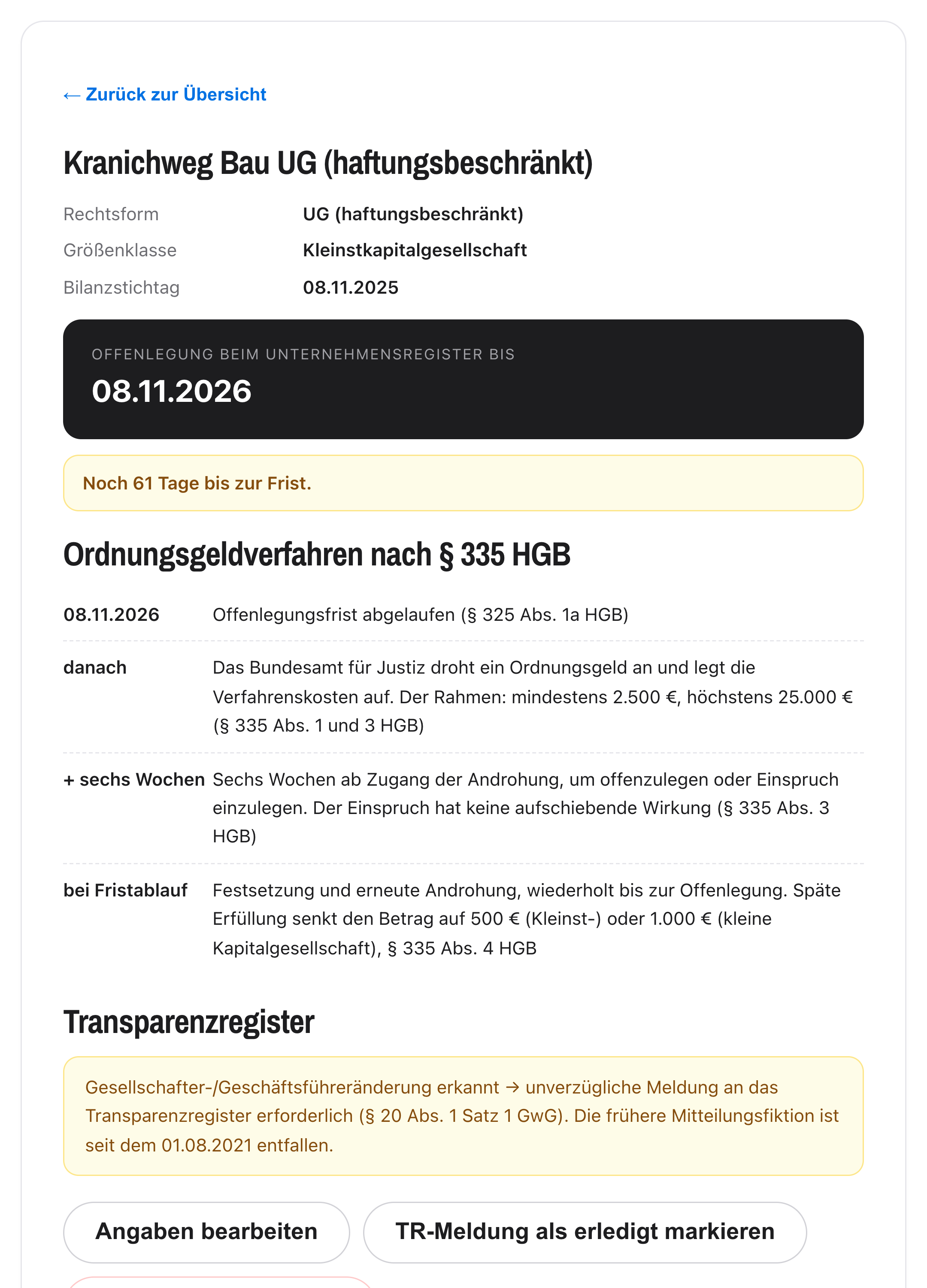 Detailansicht einer UG in RegisterRadar: Offenlegungsfrist mit Countdown, der Ablauf des Ordnungsgeldverfahrens nach § 335 HGB und der offene Transparenzregister-Hinweis.